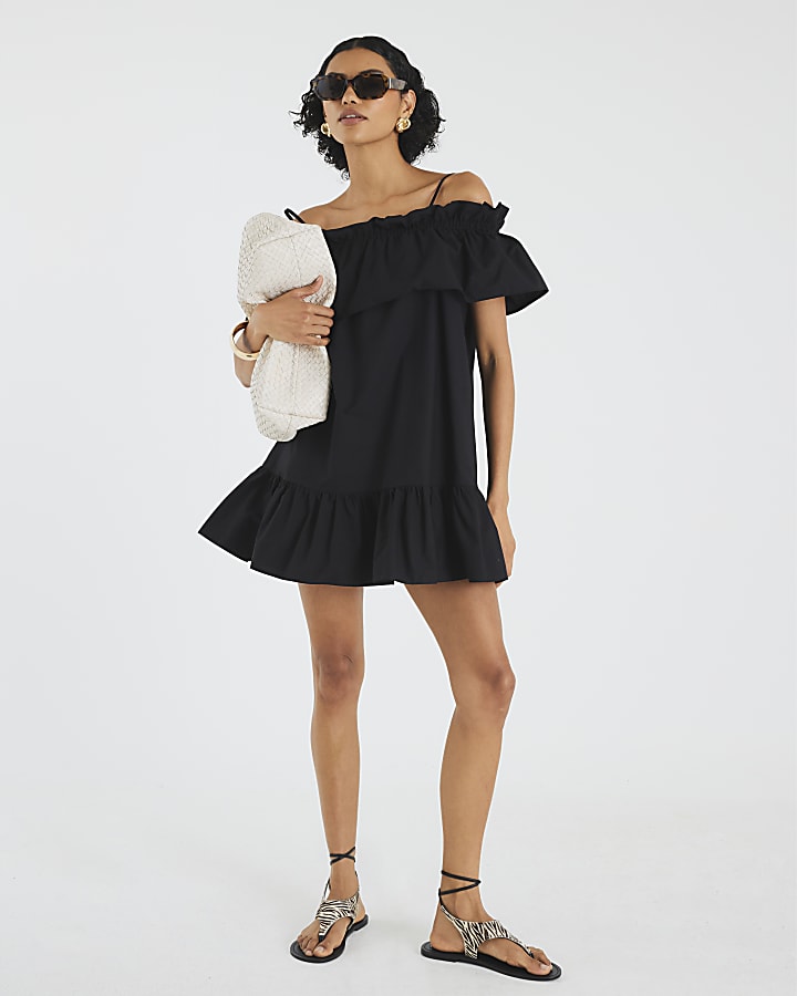Black Ruffle Bardot Mini Dress