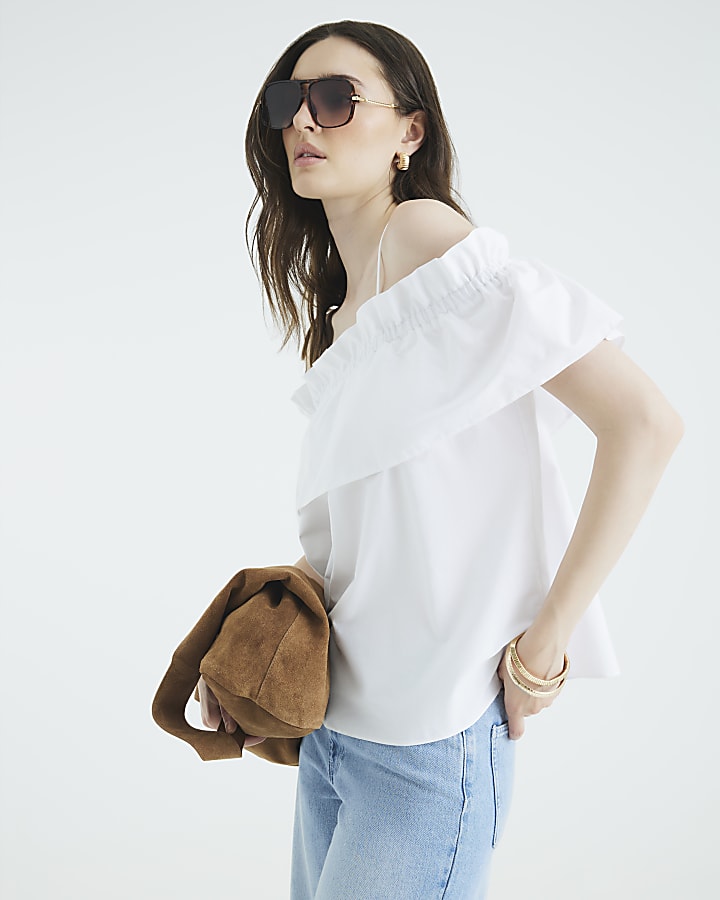 White Ruffle Bardot Top