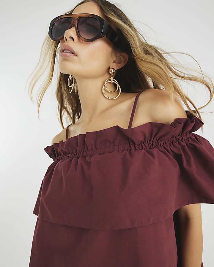 Purple Ruffle Bardot Top