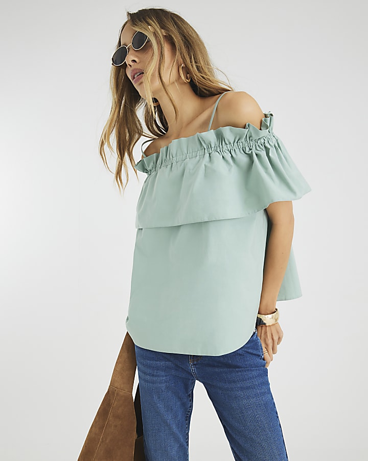 Green Ruffle Bardot Top