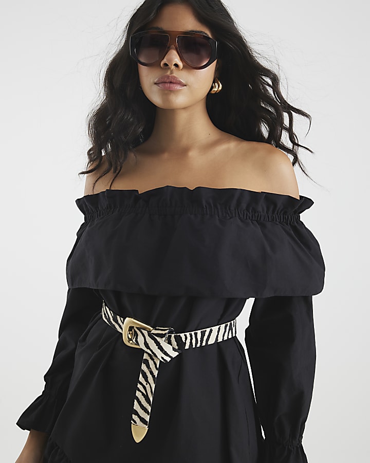 Black Bardot Frill Long Sleeve Mini Dress