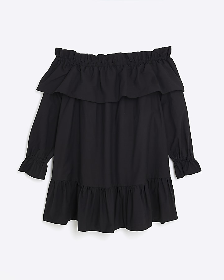 Black Bardot Frill Long Sleeve Mini Dress