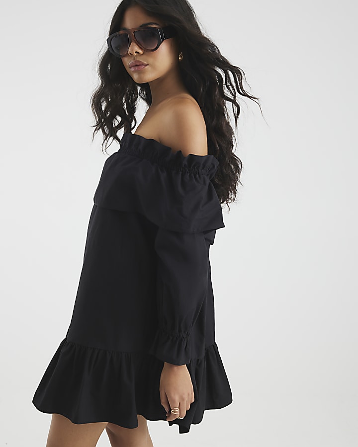 Black Bardot Frill Long Sleeve Mini Dress