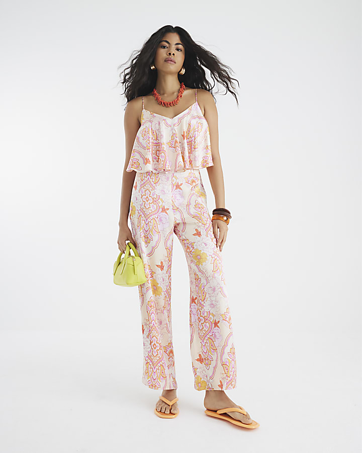 Pink Paisley Print Wide Leg Jumpsuit