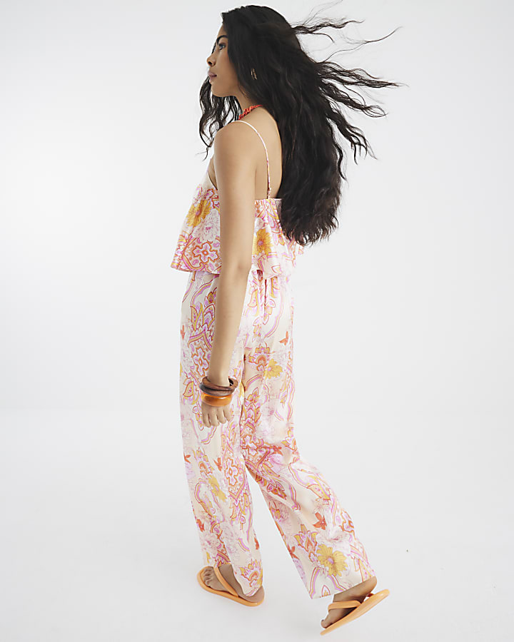 Pink Paisley Print Wide Leg Jumpsuit
