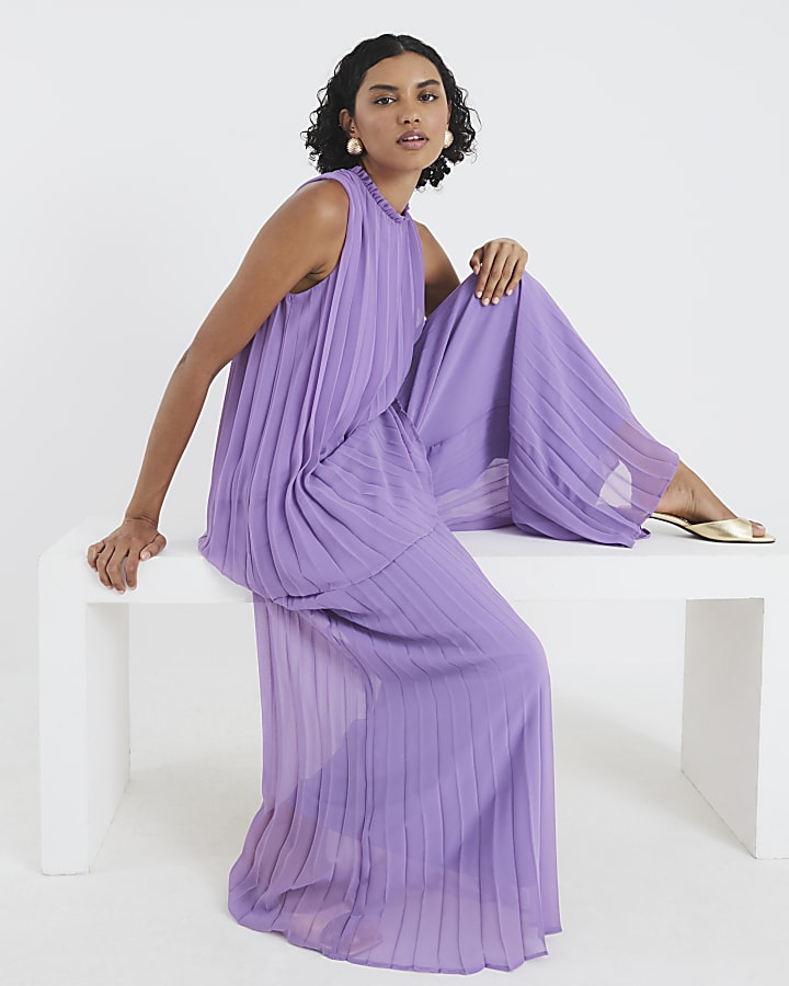 Purple Plisse Wide Leg Trousers