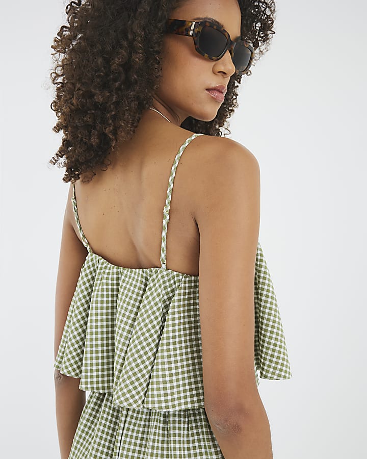 Khaki Gingham Double Layer Wide Leg Jumpsuit