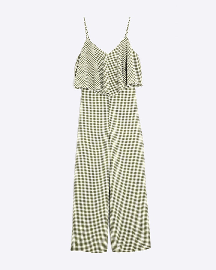Khaki Gingham Double Layer Wide Leg Jumpsuit