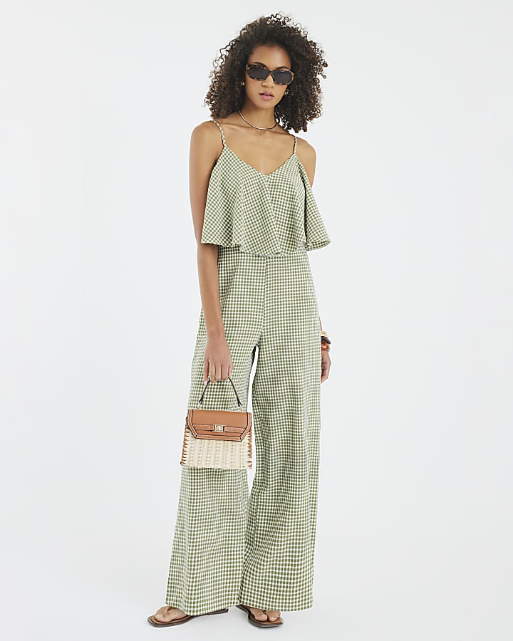 Khaki Gingham Double Layer Wide Leg Jumpsuit