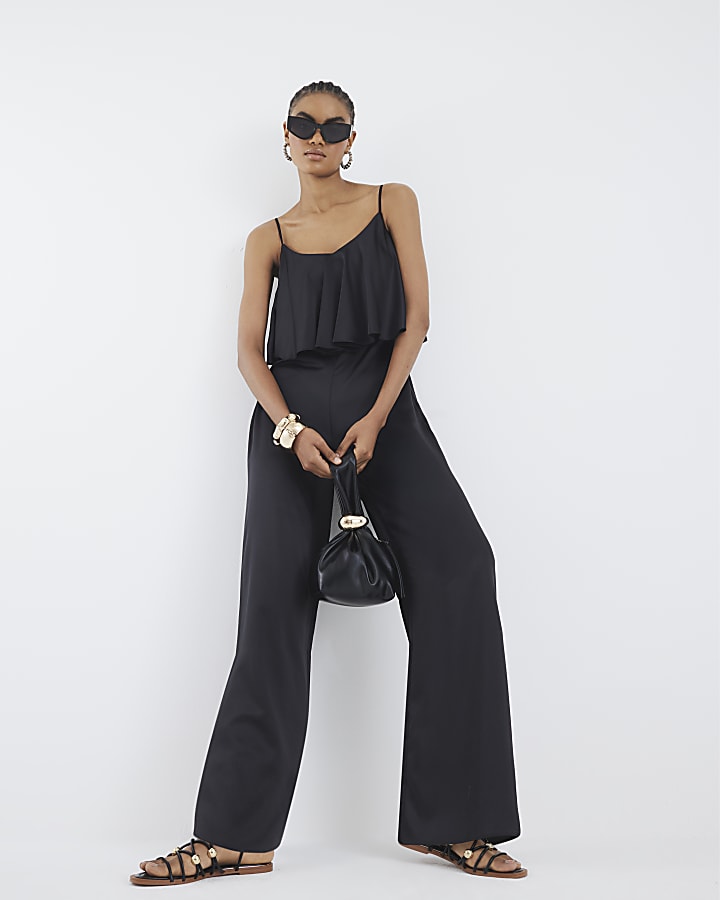Black Satin Sleeveless Frill Jumpsuit