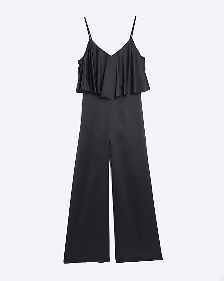 Black Satin Sleeveless Frill Jumpsuit