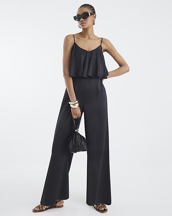 Black Satin Sleeveless Frill Jumpsuit