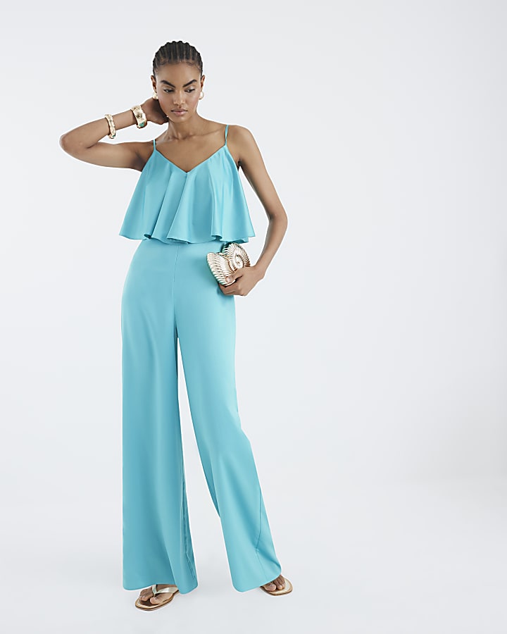Blue Satin Sleeveless Frill Jumpsuit