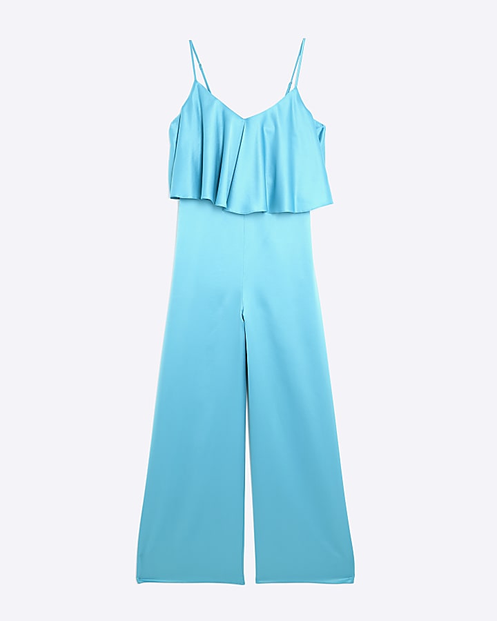 Blue Satin Sleeveless Frill Jumpsuit