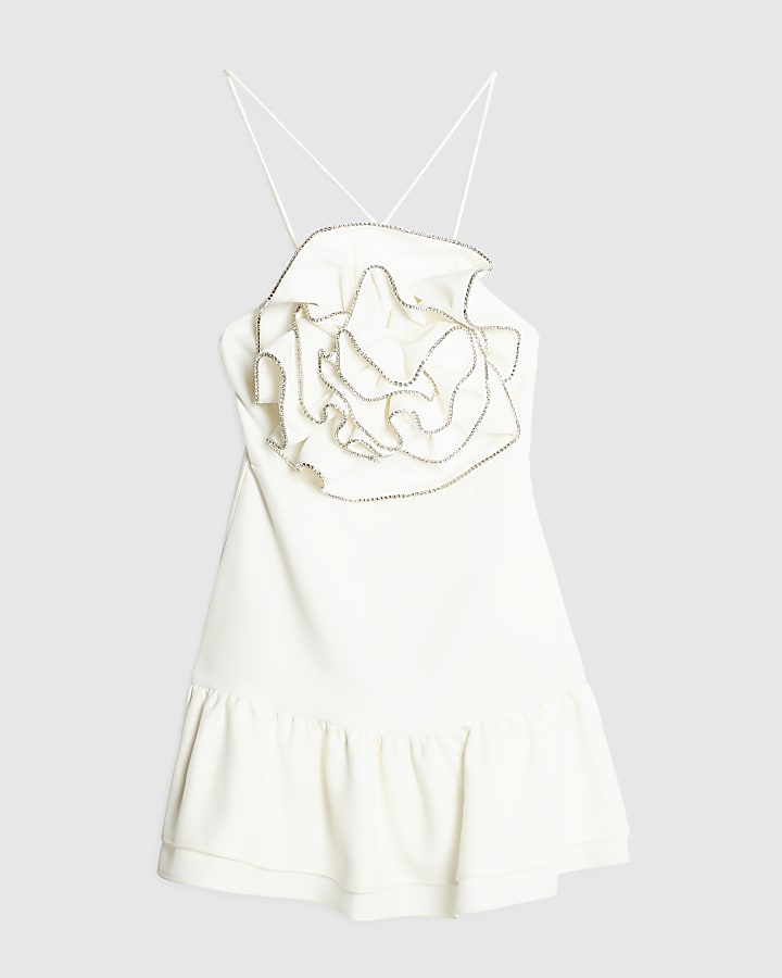 White 3D Flower Embellished Mini Dress