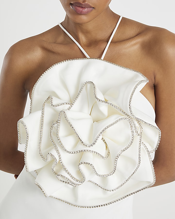 White 3D Flower Embellished Mini Dress