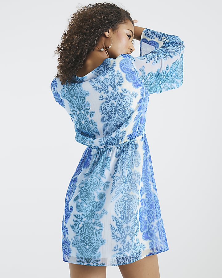 Blue Long Sleeve Tie Front Paisley Mini Dress