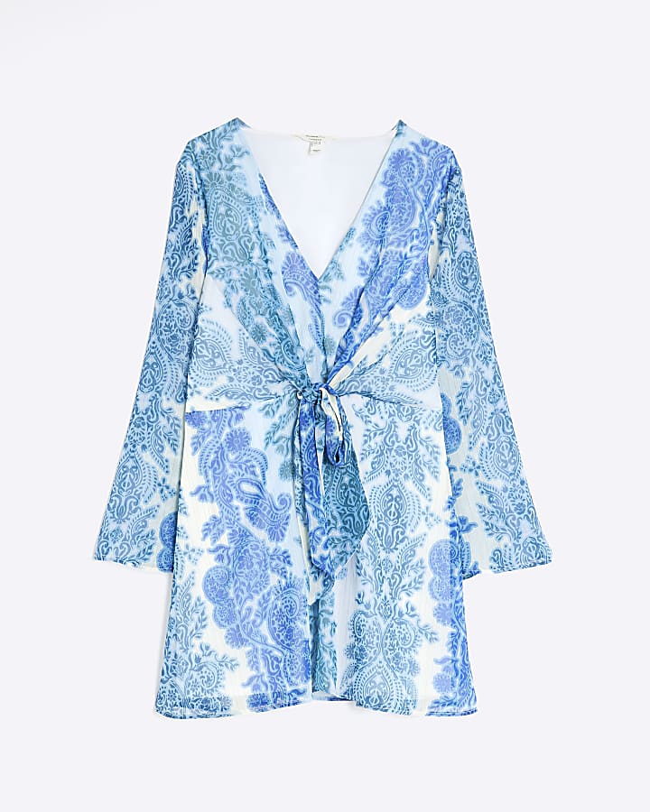 Blue Long Sleeve Tie Front Paisley Mini Dress