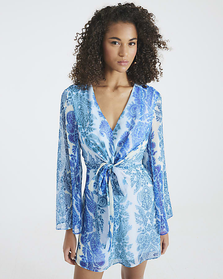 Blue Long Sleeve Tie Front Paisley Mini Dress