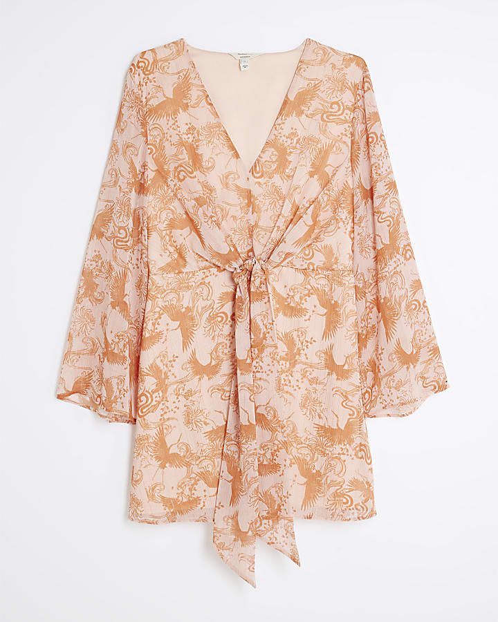 Pink Long Sleeve Tie Front Mini Dress