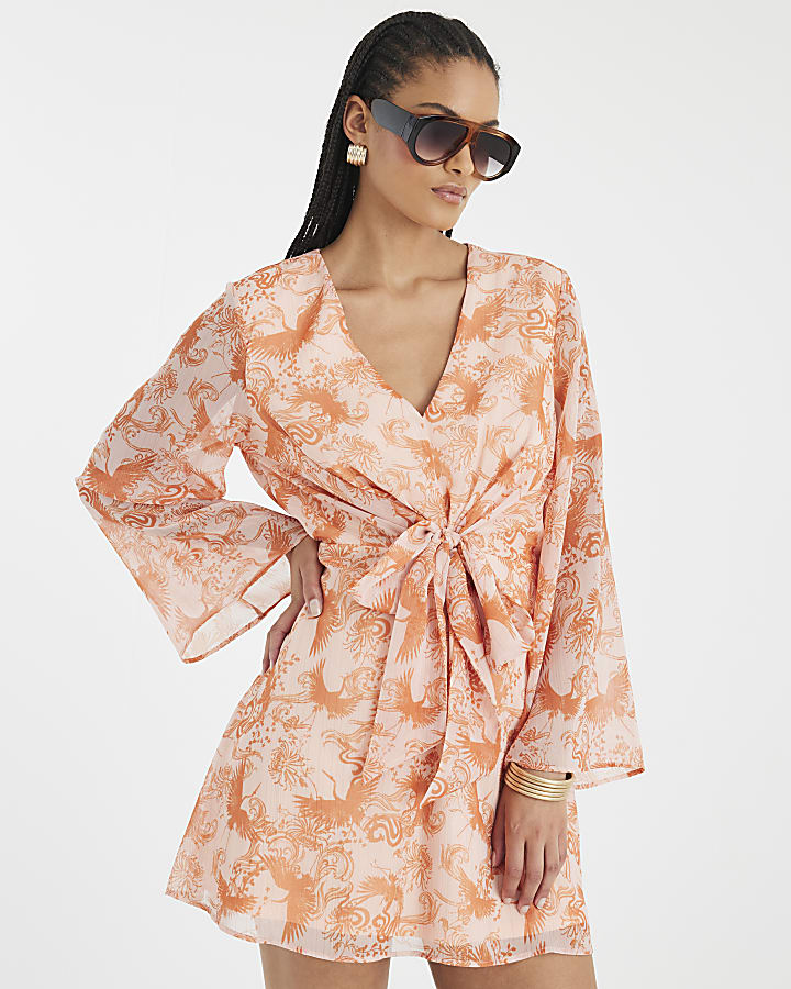 Pink Long Sleeve Tie Front Mini Dress