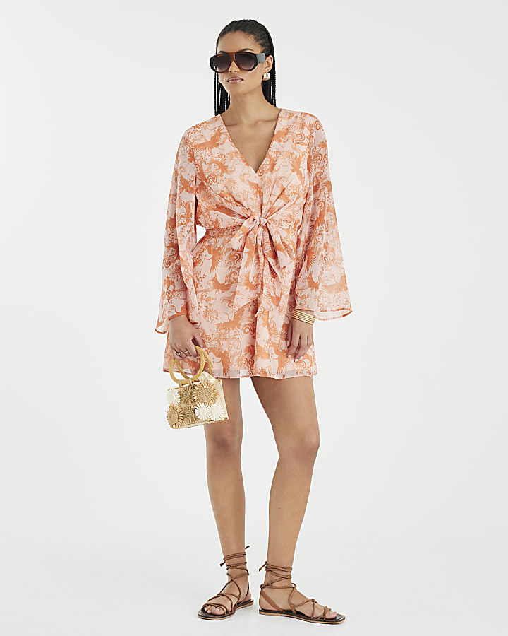 Pink Long Sleeve Tie Front Mini Dress