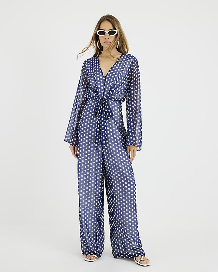Navy Polka Dot Tie Front Jumpsuit