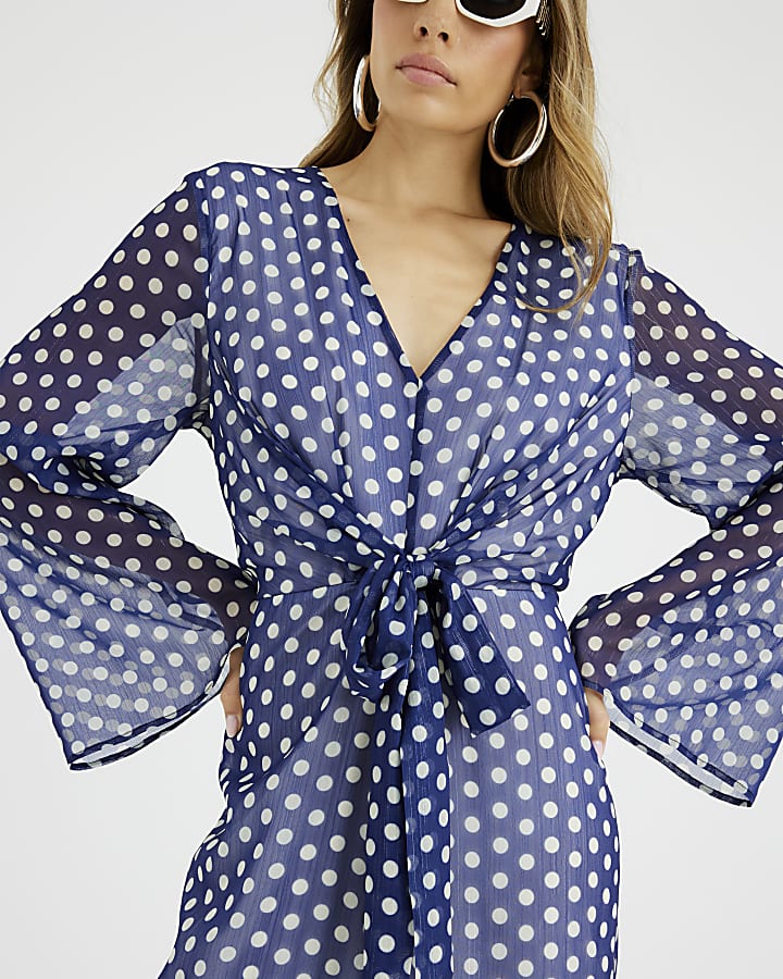 Navy Polka Dot Tie Front Jumpsuit