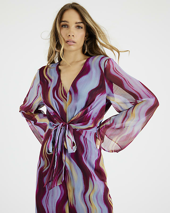 Purple Abstract Print Tie Front Jumpsuit