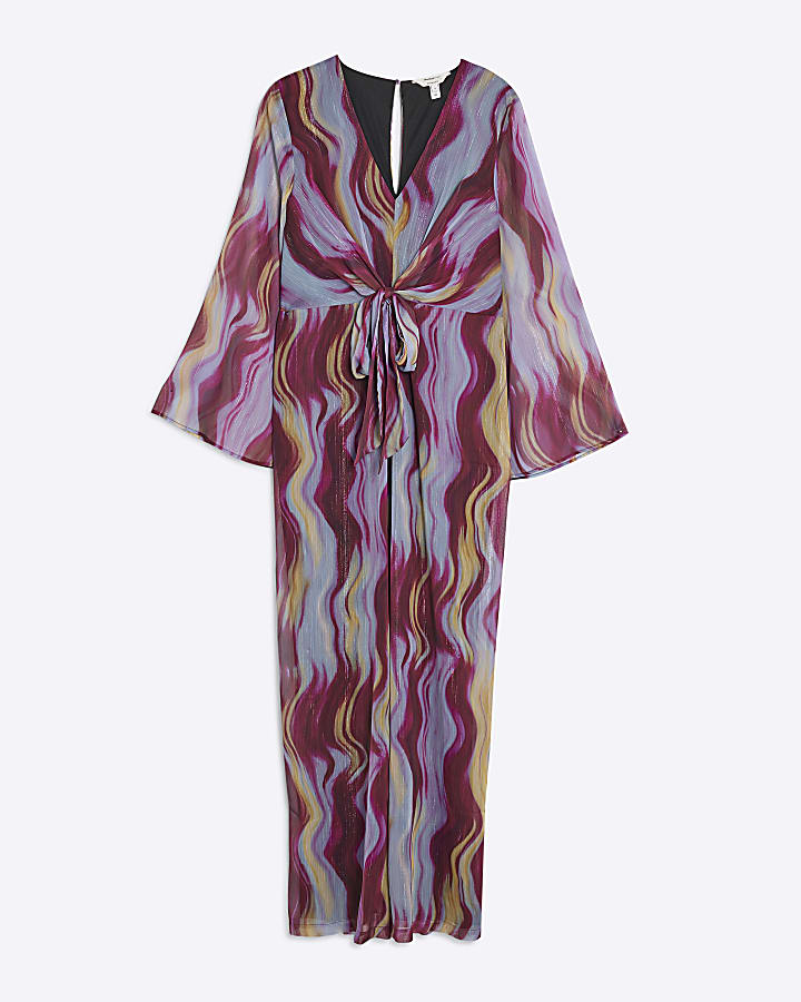 Purple Abstract Print Tie Front Jumpsuit