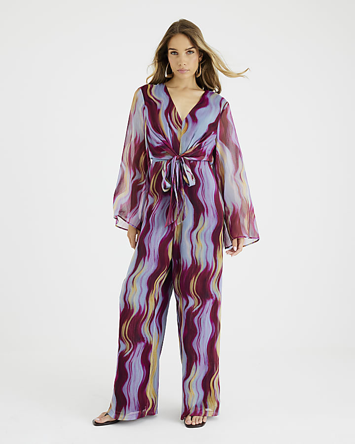Purple Abstract Print Tie Front Jumpsuit