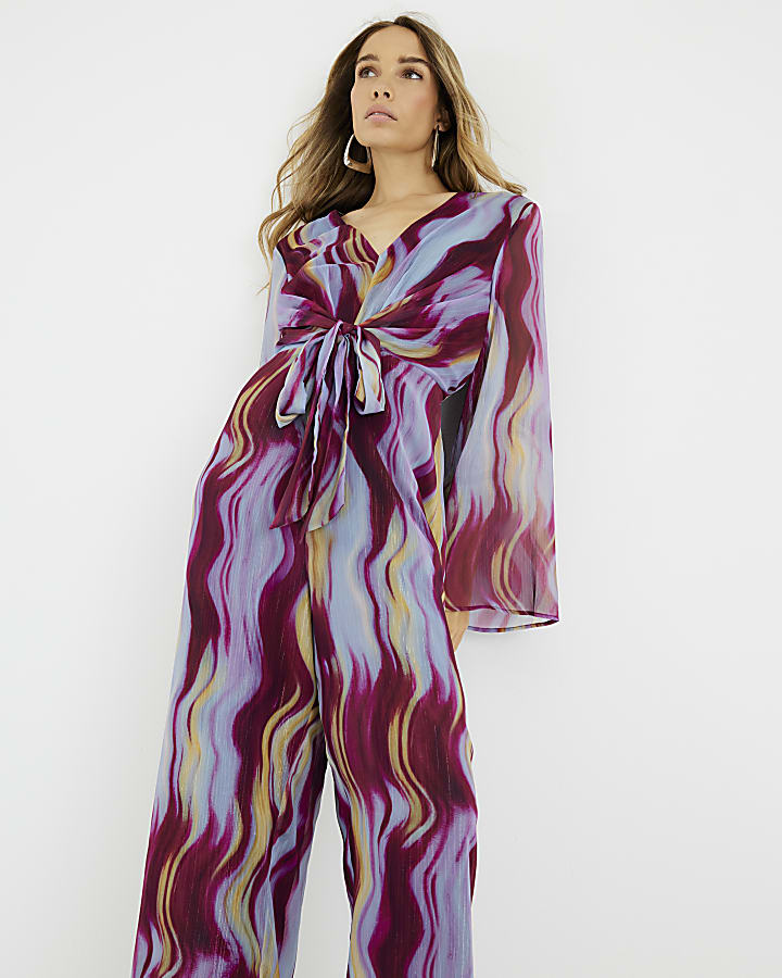 Purple Abstract Print Tie Front Jumpsuit