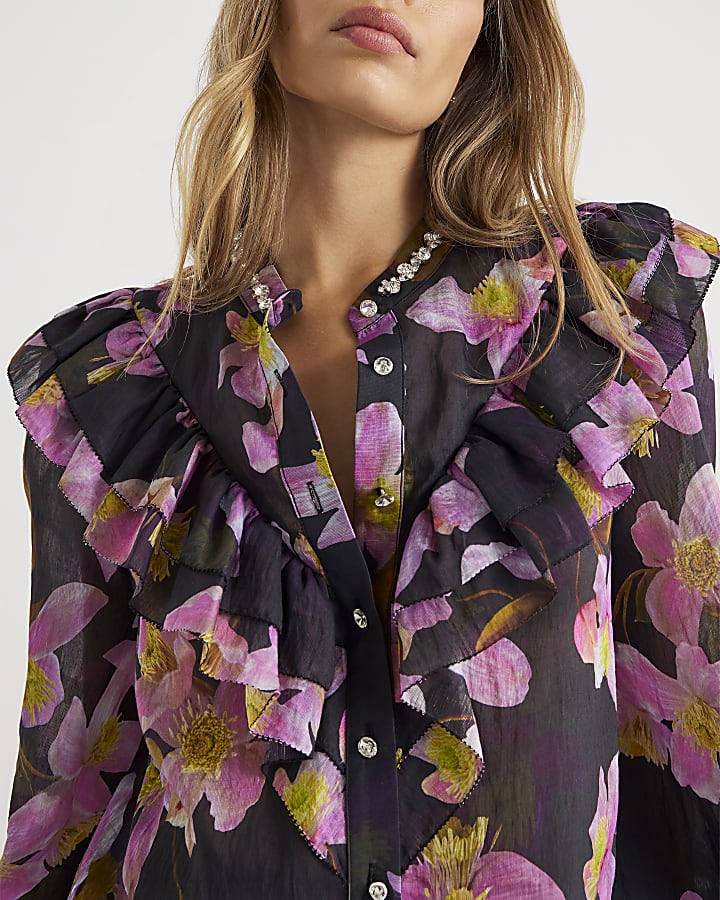Purple Floral Print Embellished Shirt