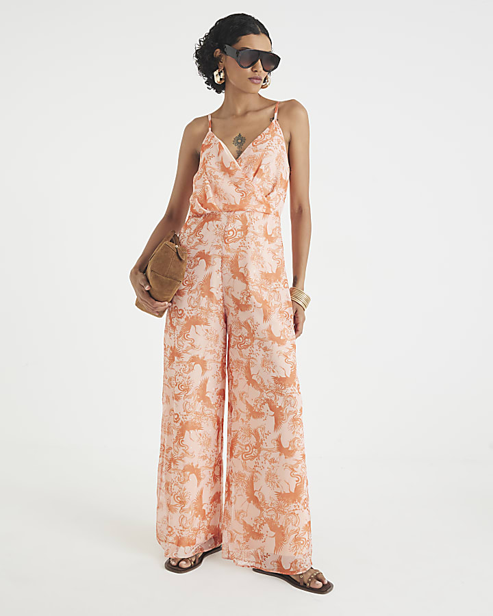 Pink Sleeveless Printed Jumpsuit