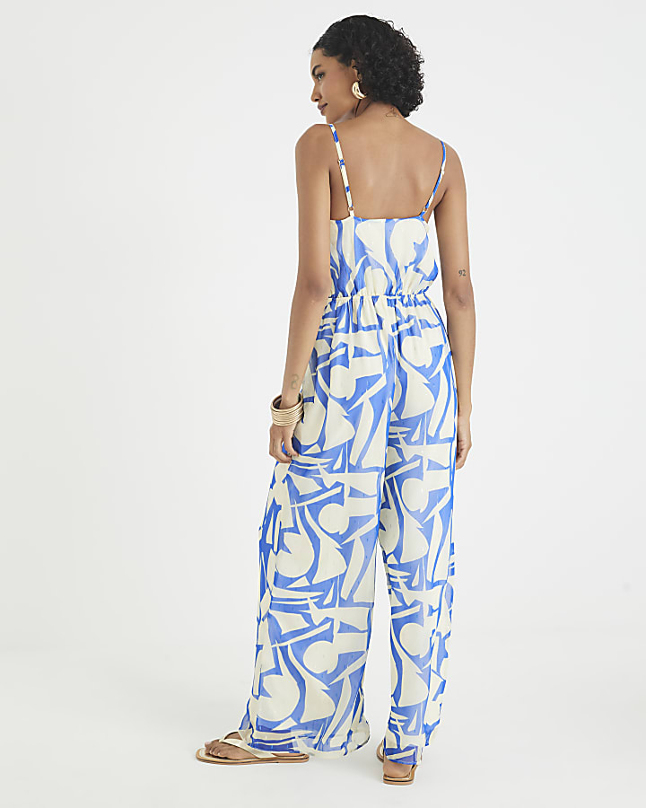Blue Sleeveless Printed Jumpsuit