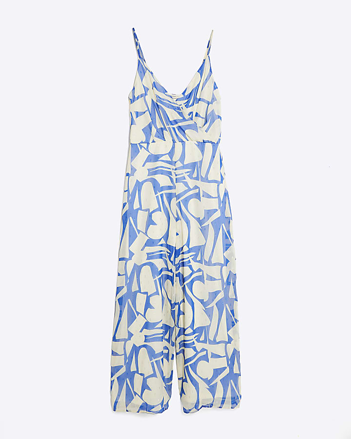 Blue Sleeveless Printed Jumpsuit
