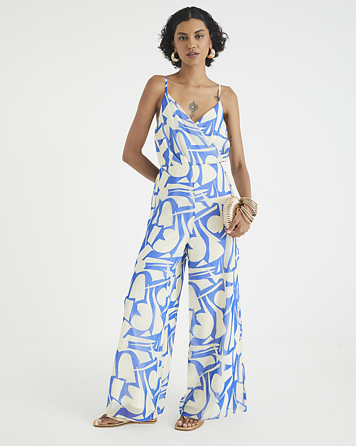 Blue Sleeveless Printed Jumpsuit