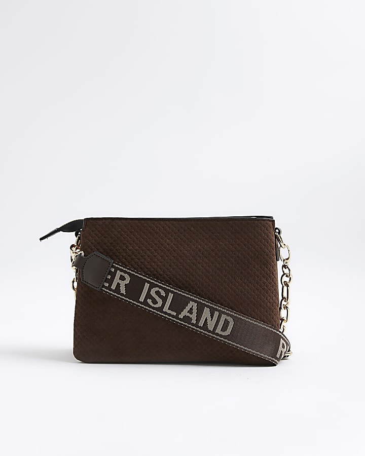 Brown Faux Suede Monogram Cross Body Bag