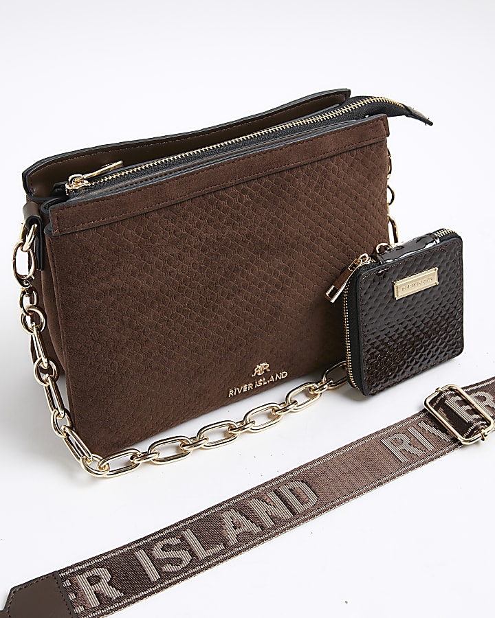 Brown Faux Suede Monogram Cross Body Bag