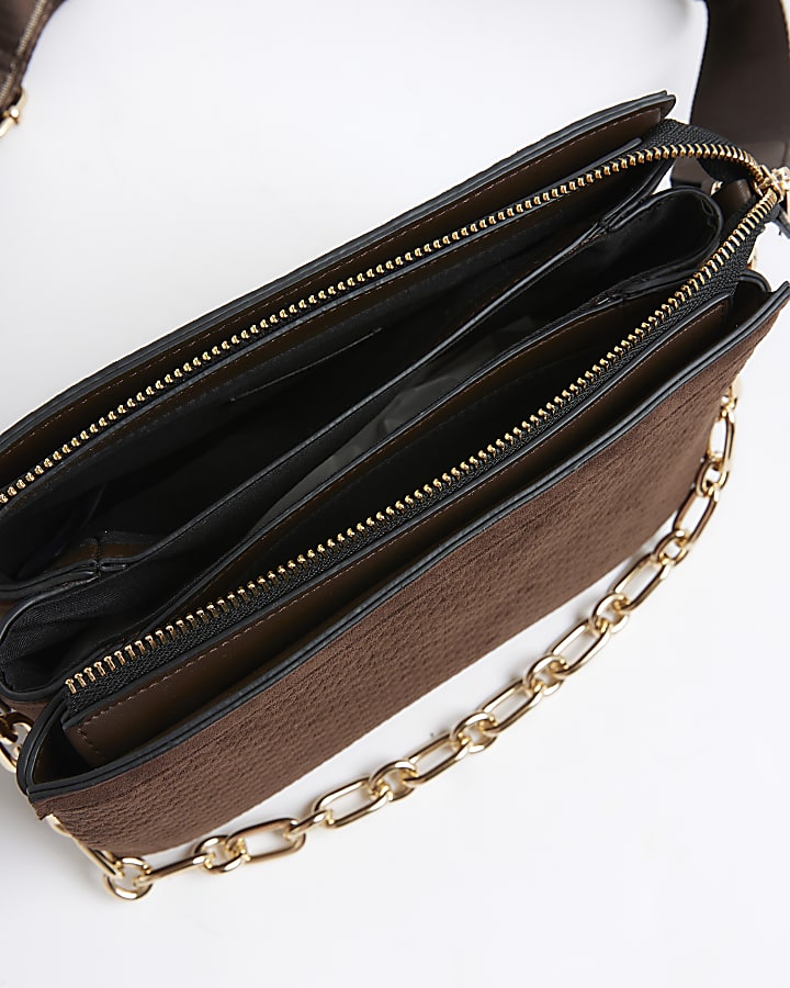 Brown Faux Suede Monogram Cross Body Bag