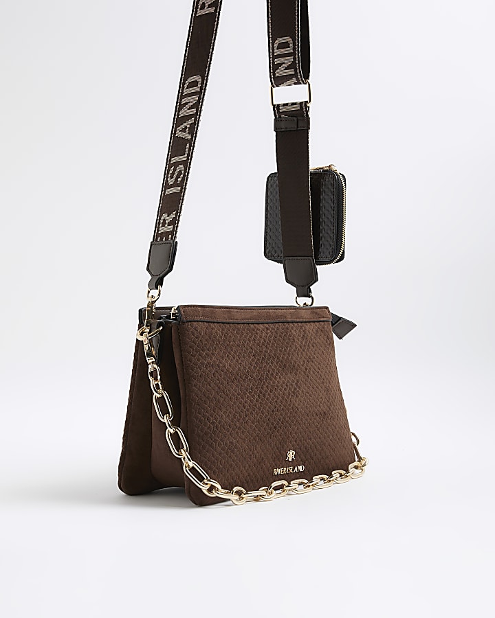 Brown Faux Suede Monogram Cross Body Bag