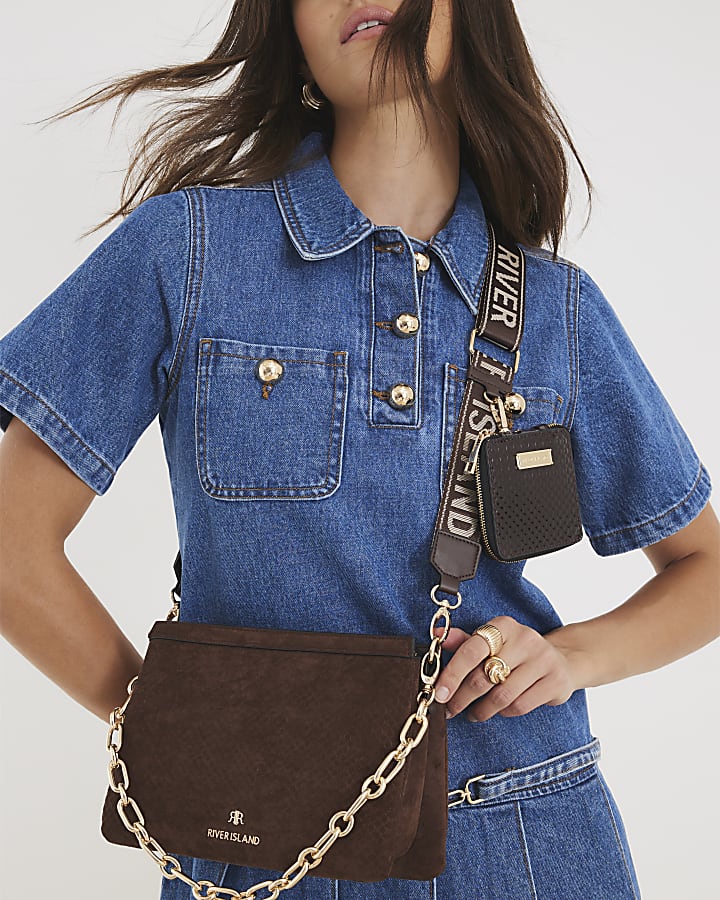 Brown Faux Suede Monogram Cross Body Bag
