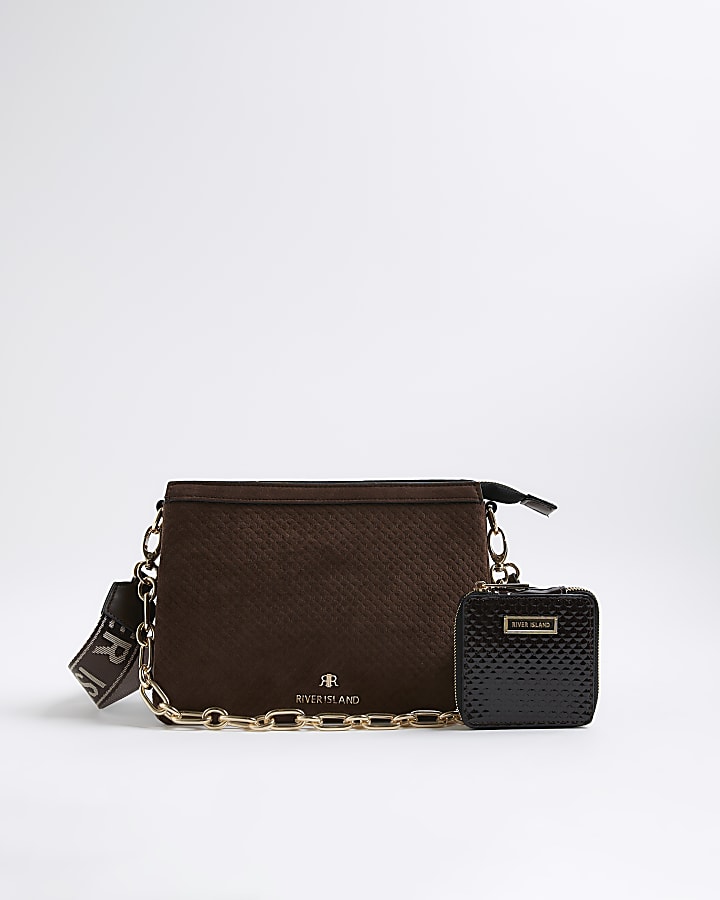 Brown Faux Suede Monogram Cross Body Bag