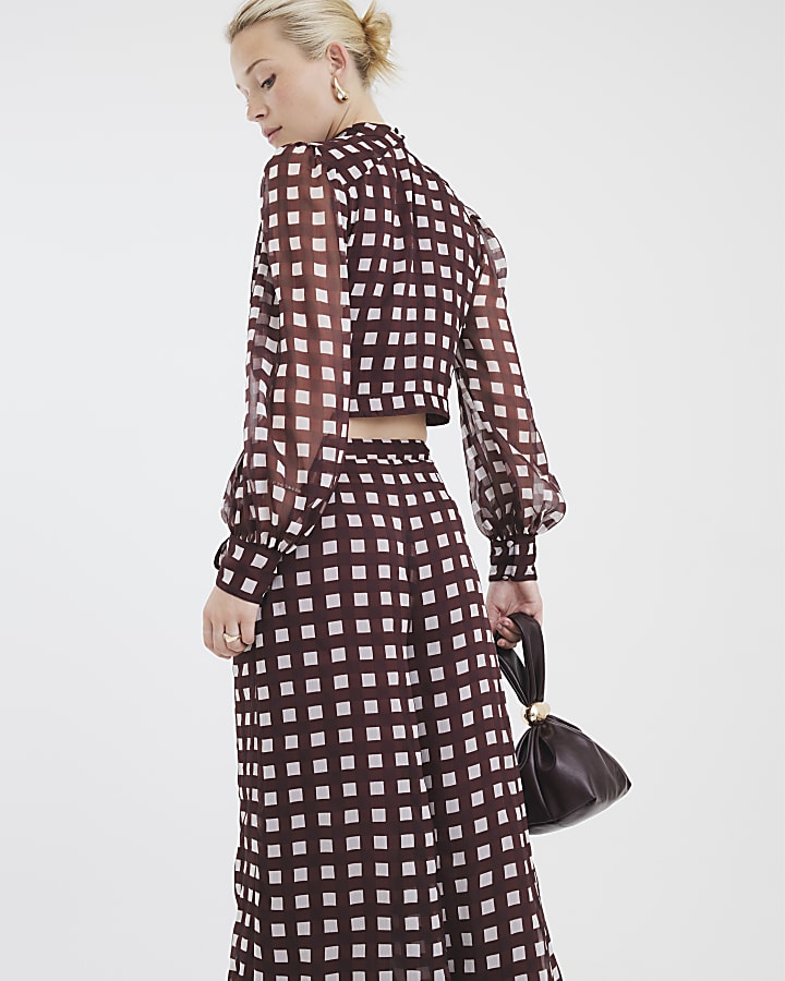 Brown Gingham Long Sleeve Crop Top