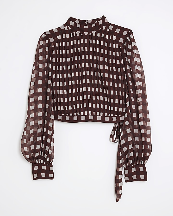 Brown Gingham Long Sleeve Crop Top