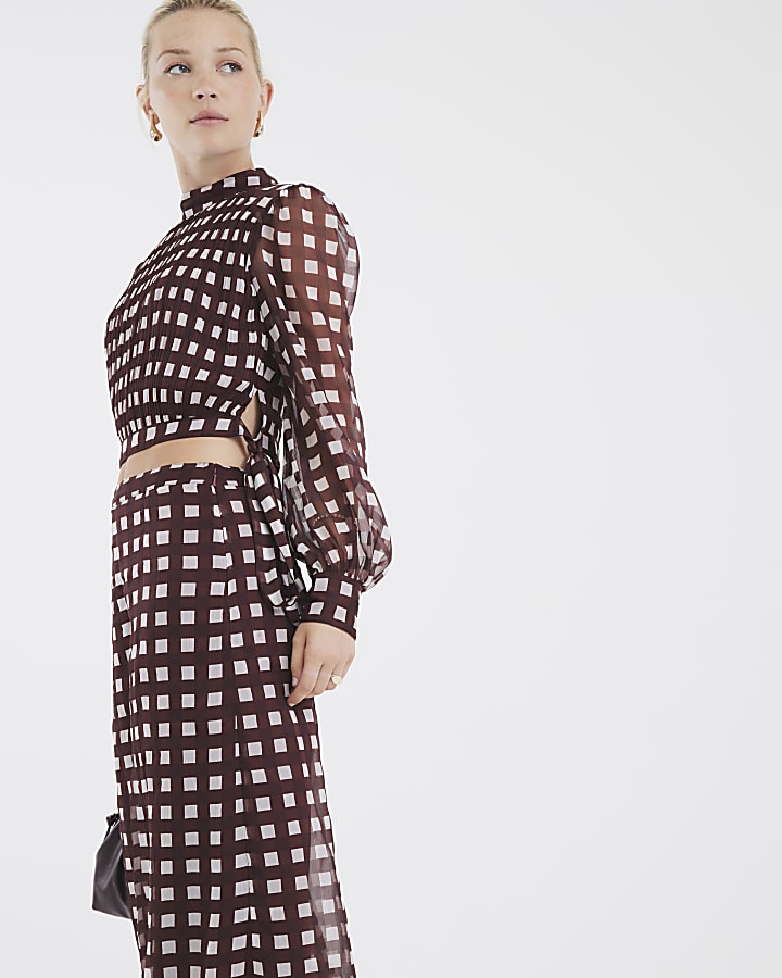 Brown Gingham Long Sleeve Crop Top