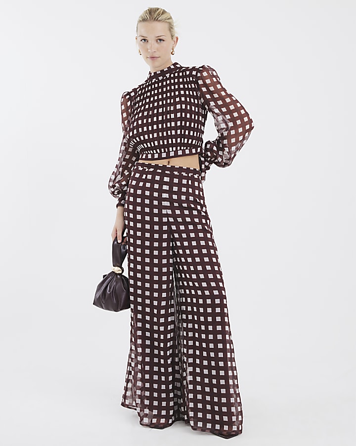 Brown Gingham Long Sleeve Crop Top