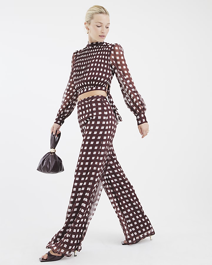 Brown Gingham Wide Leg Trousers