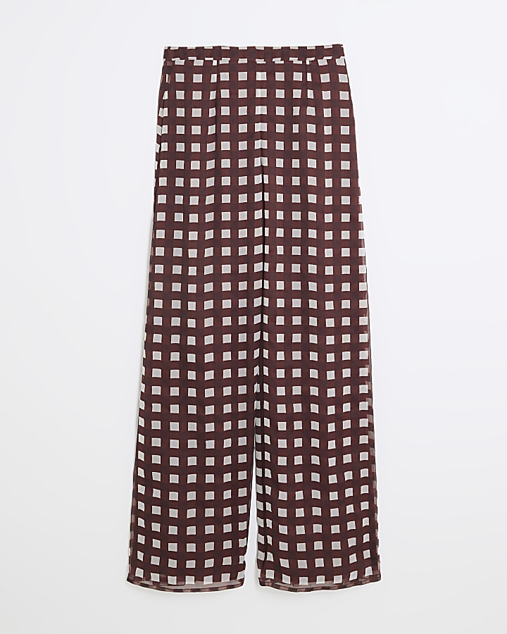 Brown Gingham Wide Leg Trousers