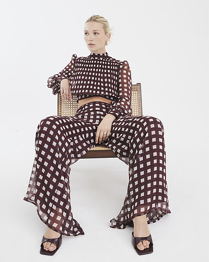 Brown Gingham Wide Leg Trousers